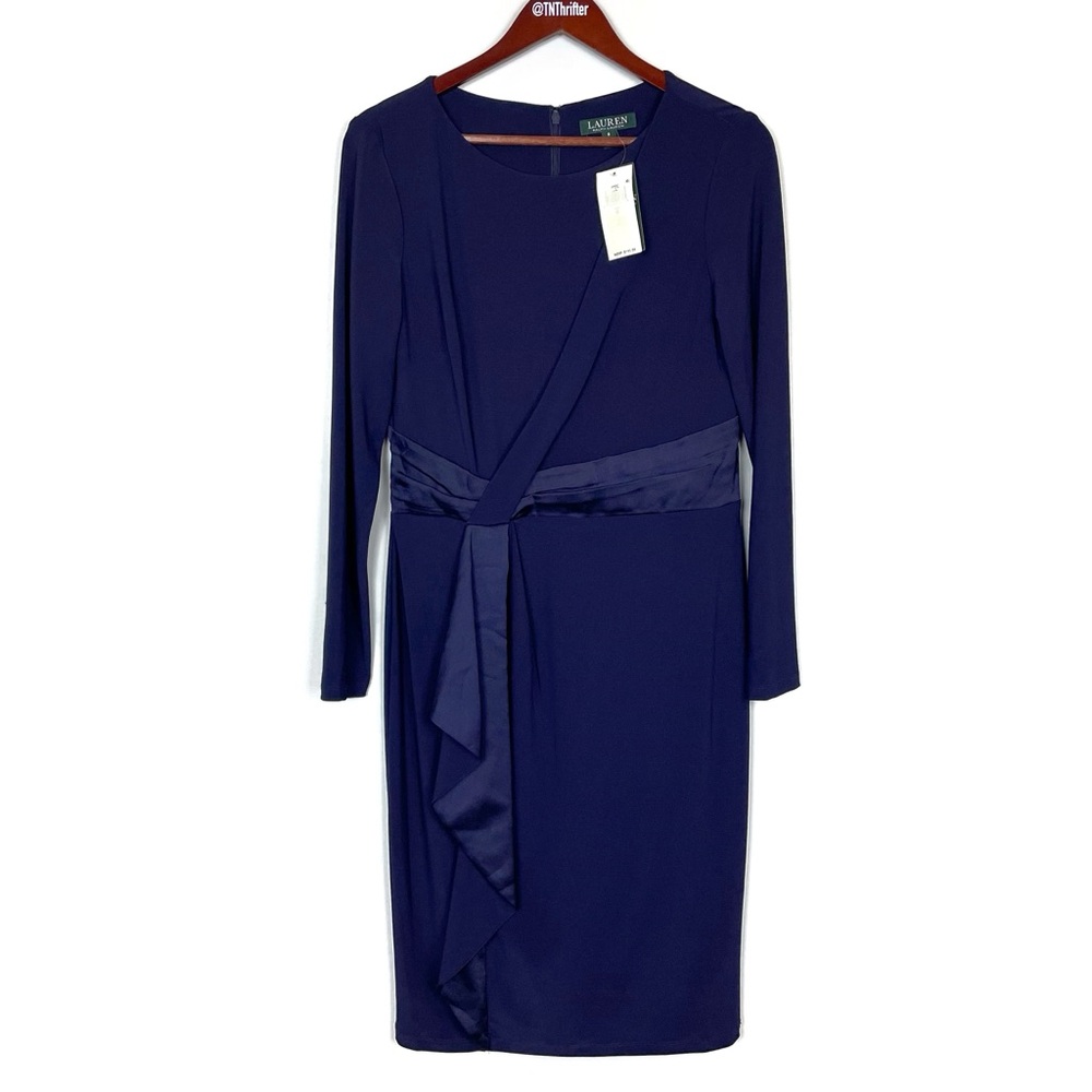NWT Lauren Ralph Lauren Satin Trim Long Sleeve Jersey Dress Navy Blue Women Sz 8